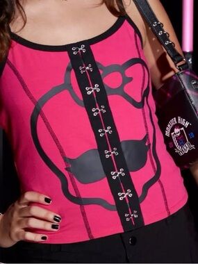 Hot Topic “Monster High” Hot Pink, Bow Skulll Tank Top with Black Trim